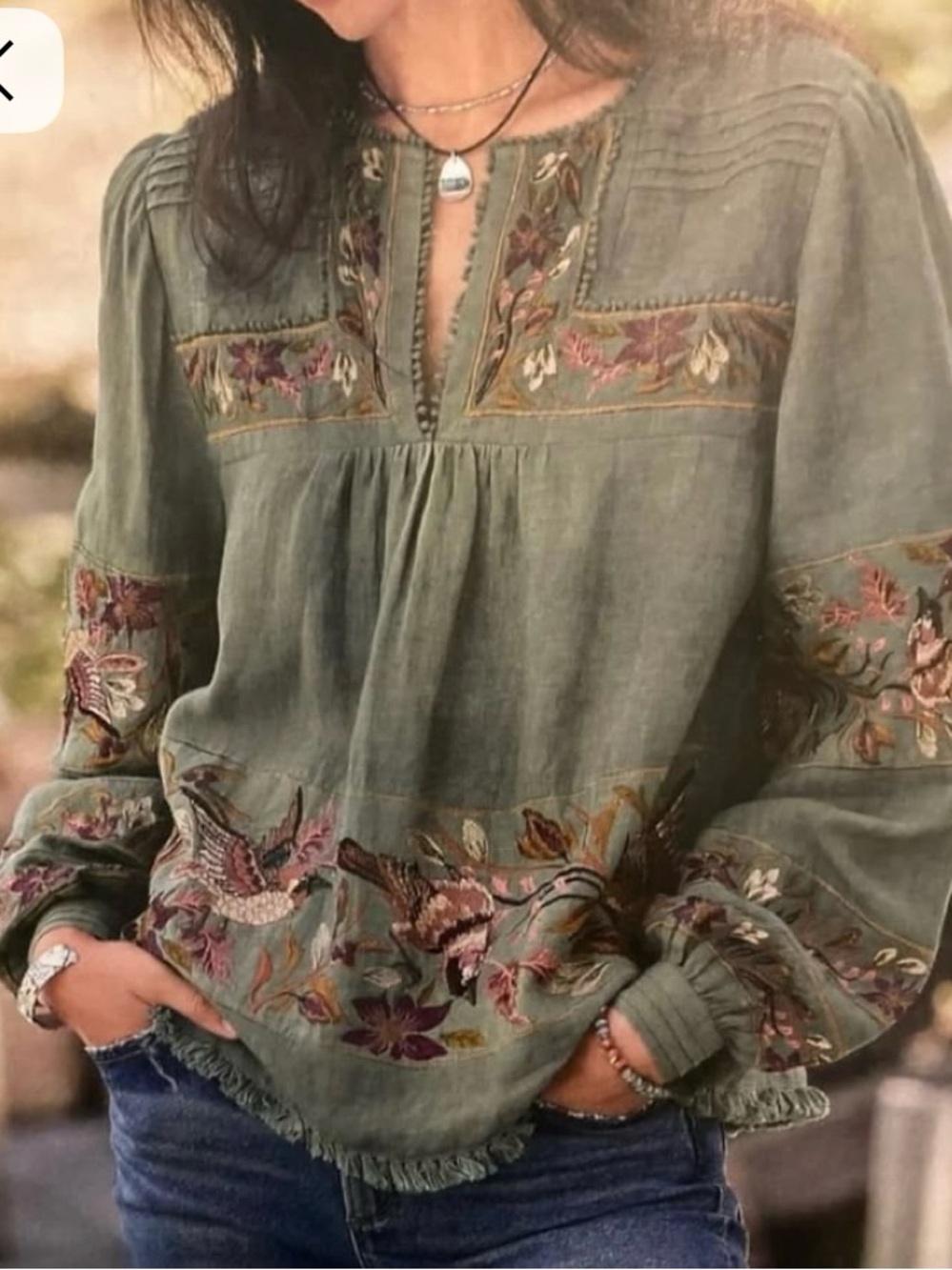 Sundance Olive Green Embroidered Peasant Tunic